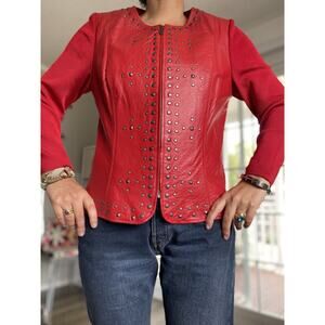 Peter Nygard Leather Studded Jacket Women's Red Knit Sleeves Zip Front S/M